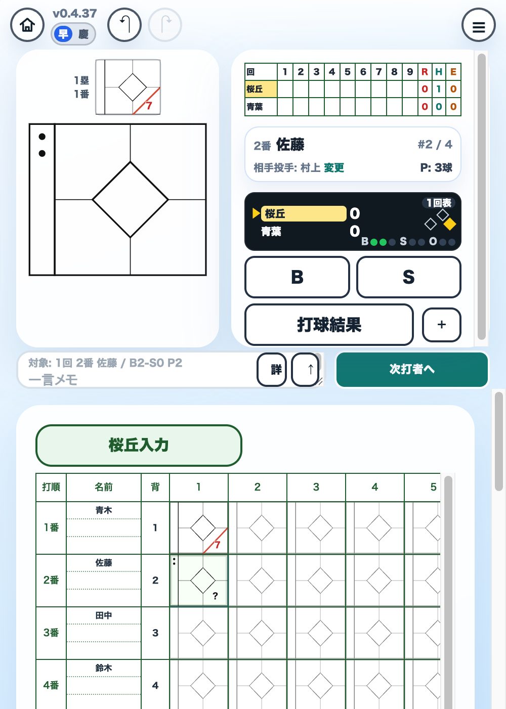 スコアブックの入力画面。スコア、打者、走者、B、S、打球結果、次打者へが表示されている